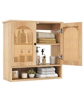 Slickblue Bathroom Wall Cabinet with Adjustable Shelves Open Cube and Rattan Doors