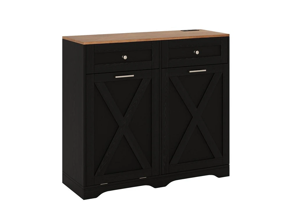 Slickblue Tilt Out Trash Can Cabinet with Outlets and Adjustable Shelf