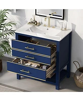 Modern 30inch Navy Blue/White Bathroom Vanity Cabinet Combo with OpenStorge, Two Drawers