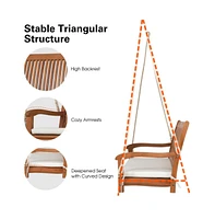 2-Person Hanging Porch Swing Wood Bench with Cushion Curved Back