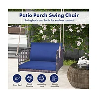 1-Person Rattan Hanging Porch Swing Seat with Cushions and Ropes
