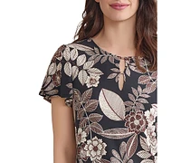 Jones New York Petite Printed Keyhole Flutter-Sleeve Top