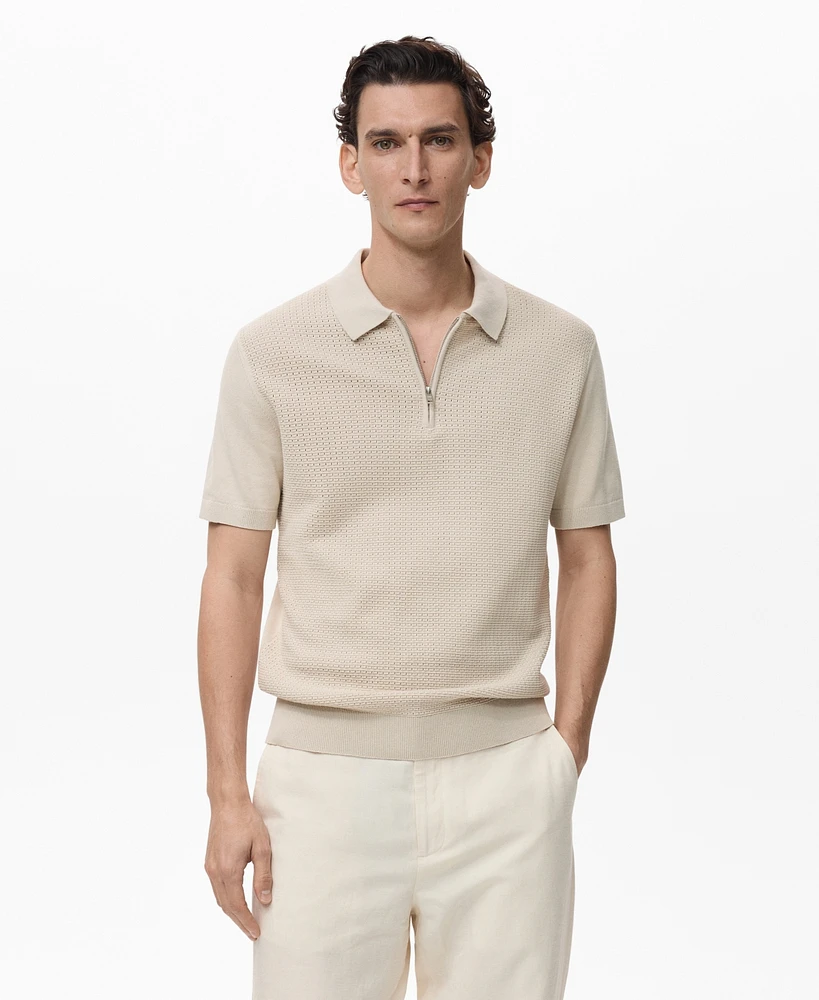 Mango Men's Openwork Cotton Knitted Polo Shirt