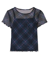 Clavin Klein Big Girls Plaid Power Mesh Short Sleeve Shirt
