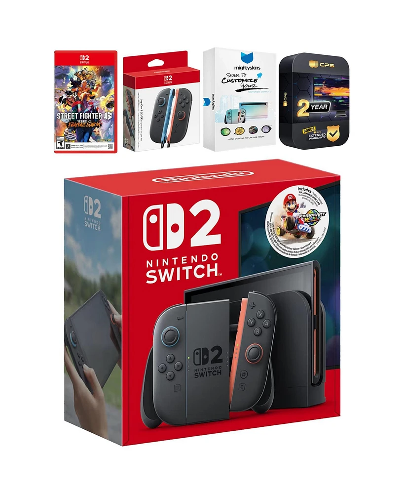 Nintendo Switch 2 + Mario Kart World Bundle with Street Fighter 6, Extra Joy-Cons, MightySkins Code and 2 Cps Year Extended Warranty
