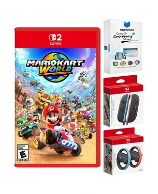 Nintendo Switch 2 Mario Kart World with Joy-Con 2 Blue/Red Controllers and Wheel with MightySkins Code