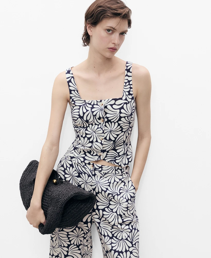 Mango Women's Floral Fitted Linen Top
