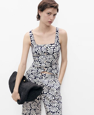 Mango Women's Floral Fitted Linen Top