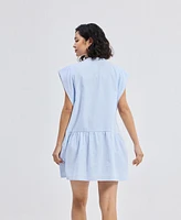 Reistor Women's Oversized V neck Short Dress with Frayed Sleeves