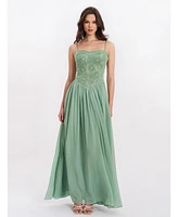 Miss Circle Women's Ucille Sage Green Embroidered Chiffon Maxi Dress