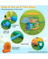 Gymax Kids Inflatable Water Slide Park w/680W Blower Basketball Rim Wet Dry Combo