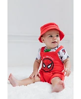 Avengers Baby Boys French Terry Short Overalls T-Shirt and Hat 3 Piece Outfit Set