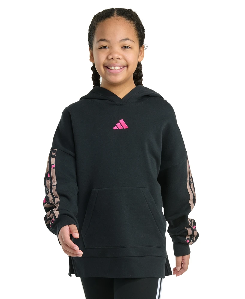 adidas Big Girls Long-Sleeve Printed 3-Stripes Slit Fleece Pullover Hoodie