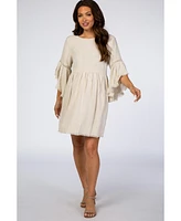 Pinkblush Beige Raw Edge Bell Sleeve Babydoll Maternity Dress
