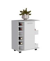 Depot E-shop Selden Bar Cart with 6-Built in Bottle Racks, Casters and 2-Open Side Shelves