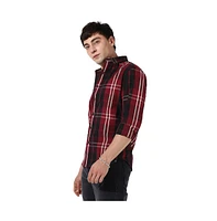 Campus Sutra Men's Plaid Red Cotton Shirt