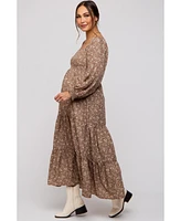 Pinkblush Mocha Floral Smocked Long Sleeve Maternity Maxi Dress
