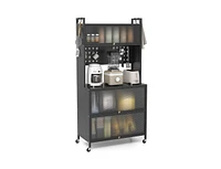 Slickblue 5 Tier Kitchen Bakers Rack with Lights Multifunctional Microwave Stand Flip Door Cabinets