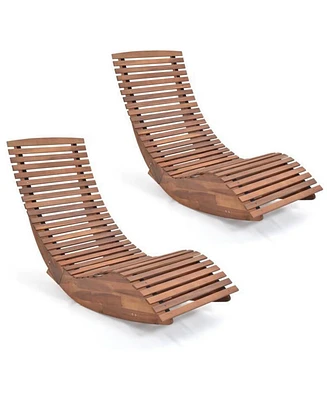 Gymax Set of 2 Acacia Wood Patio Chaise Lounge Chair Outdoor Rocking Chair w/ Slatted Design