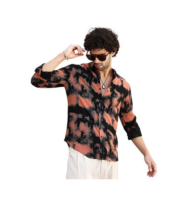 Campus Sutra Men's Obsidian Black & Sienna Brown Smudged-Block Regular Shirt