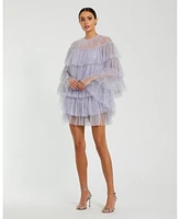 Mac Duggal Women's High Neck Tiered Ruffle Pearl Beaded Cape Dress