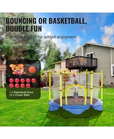 Slickblue Kids Trampoline with Safety Net Basketball Hoop and Balls Indoor Outdoor for Ages 3+
