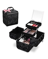 Byootique Aluminum Rolling Nail Table with Train Case Cosmetic Organizer Black