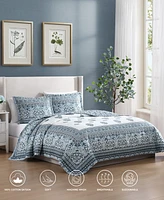 Bebejan Aquamarine Medallion 100% Cotton Sateen 3 Piece Queen Size Reversible Quilted Coverlet Set