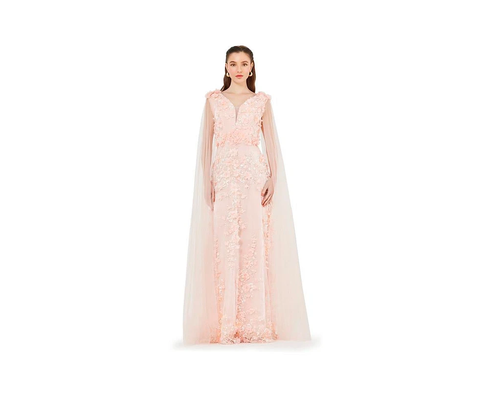 Amri Women's Tulle Cape Sleeve Floral Applique Gown