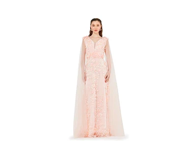 Amri Women's Tulle Cape Sleeve Floral Applique Gown