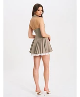 Miss Circle Women's Hazel Brown Preppy Halter Neck Pleated Mini Dress
