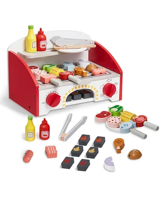 Slickblue 26 Piece Kids Bbq Grill Playset Wooden Pretend Cooking Toy Set with Sound Effects