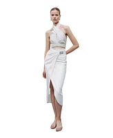 Nocturne Women's Striped Linen Blend Midi Skirt with Metal Accessories