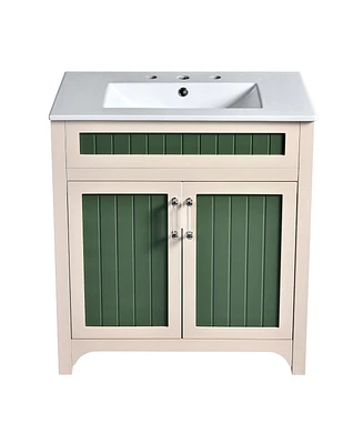 Casainc 30" Vanity Cabinet with Ceramic Sink, Solid Wood Frame, Adjustable Shelf