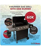 Grill Boss 4-Burner Gas Grill with Side Burner, Cover, Shelves, & Bottle Opener