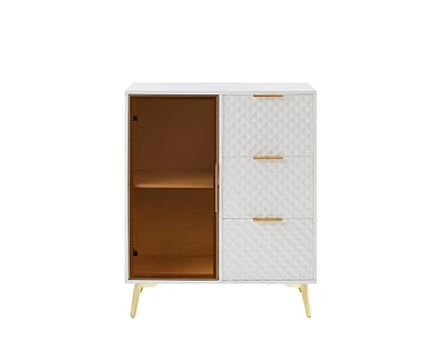 Casainc Deluxe Carved Style Cabinet with Tempered Glass Doors Three Drawer Metal Legs Adjustable Feet