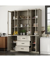 Homsee Modern gray white wood grain glass 6-door 3-drawer cabinet, storage cabinet, pantry
