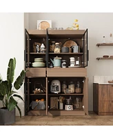 Homsee Modern wood grain 4 tempered glass doors 2 drawers storage cabinet, pantry， wooden