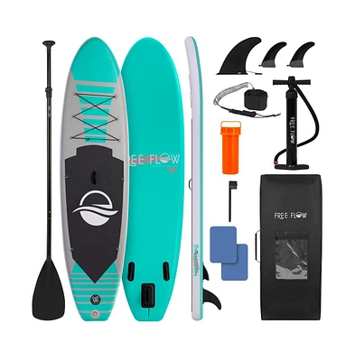 Free-Flow Welded Inflatable Stand-Up Paddle-Board with Double-Action Hand Pump, 3-Shaft Aluminum Paddle, Repair Kit and Backpack (Black)