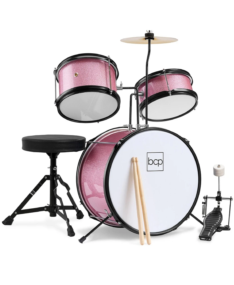 Best Choice Products Kids Beginner 3-Piece Drum, Musical Instrument Set w/ Sticks, Cushioned Stool, Drum Pedal