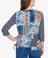 Alfred Dunner Women's Batik Patchwork Drawstring Crew Neck Top