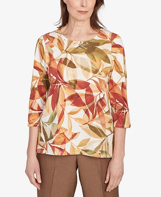 Alfred Dunner Women's Leaf Pleated Floral Crew Neck Top