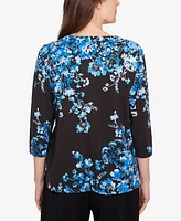 Alfred Dunner Women's Floral Asymmetric Three Quarter Sleeve Top