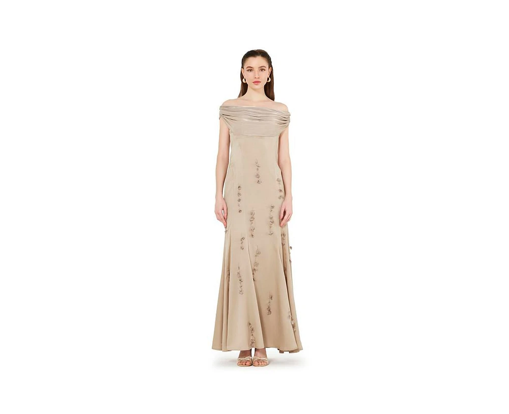 Amri Women's Off-The-Shoulder Cowl Neckline Dress With Floral Embellishment