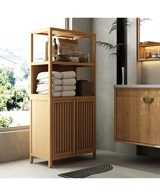 Casainc Freestanding Bamboo Storage Cabinet with 2 Doors, Versatile Floor Organizer for Bathroom, Kitchen, Living Room
