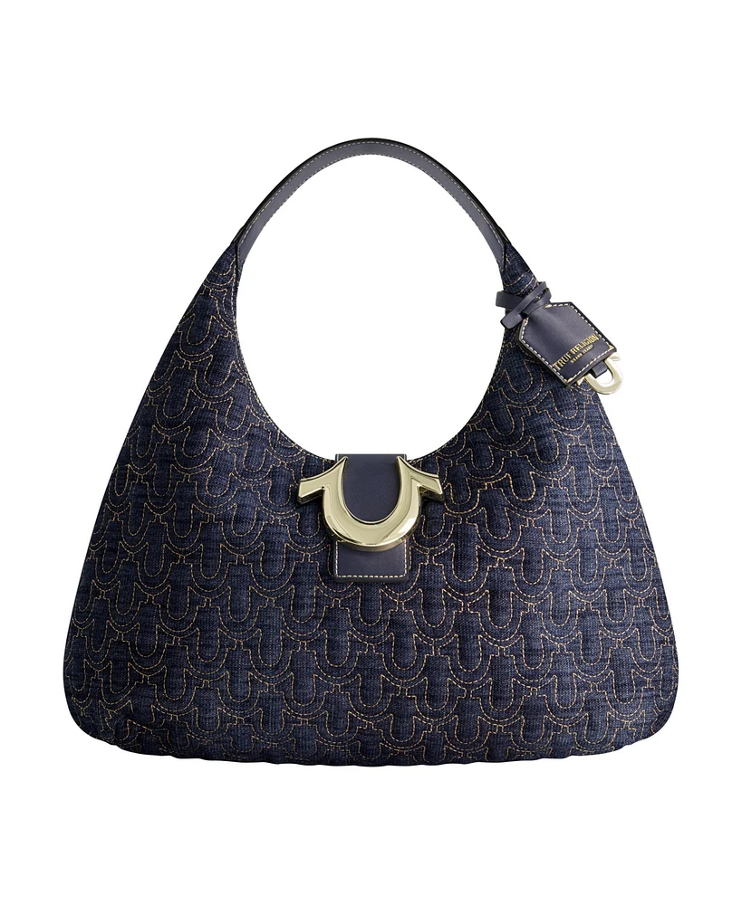 True Religion Quilted Horseshoe Large Denim Hobo