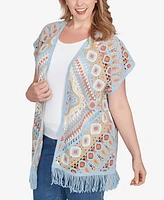 Ruby Rd. Plus Size Crochet Fringe Short Sleeve Cardigan Sweater