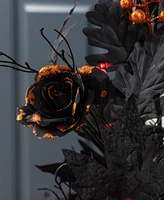 Glitzhome 36" Halloween Lighted Black Rose with Orange Glitter Urn Porch Tree with Timer