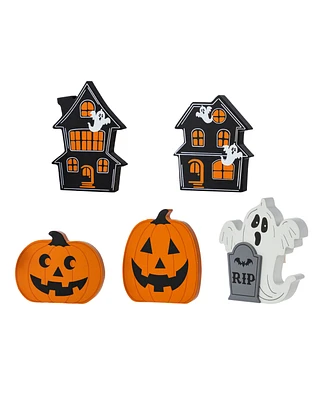 Glitzhome Halloween Wooden Haunted House and Pumpkin Ghost Table Block, Set of 5