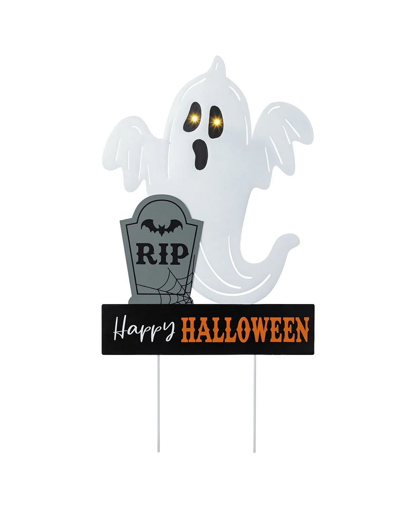 Glitzhome 32.25" Lighted Halloween Metal Ghost Tombstone Yard Stake with Timer